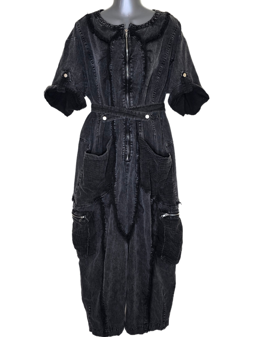 OH Jeans Oli & Hali Acid Wash Denim Utility Jumpsuit XL Black Tencel Cotton